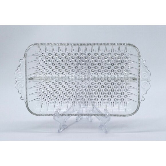Vintage Anchor Hocking Clear Glass 2-Part Divided Relish Dish With Hobnail & Ray - Picture 1 of 6